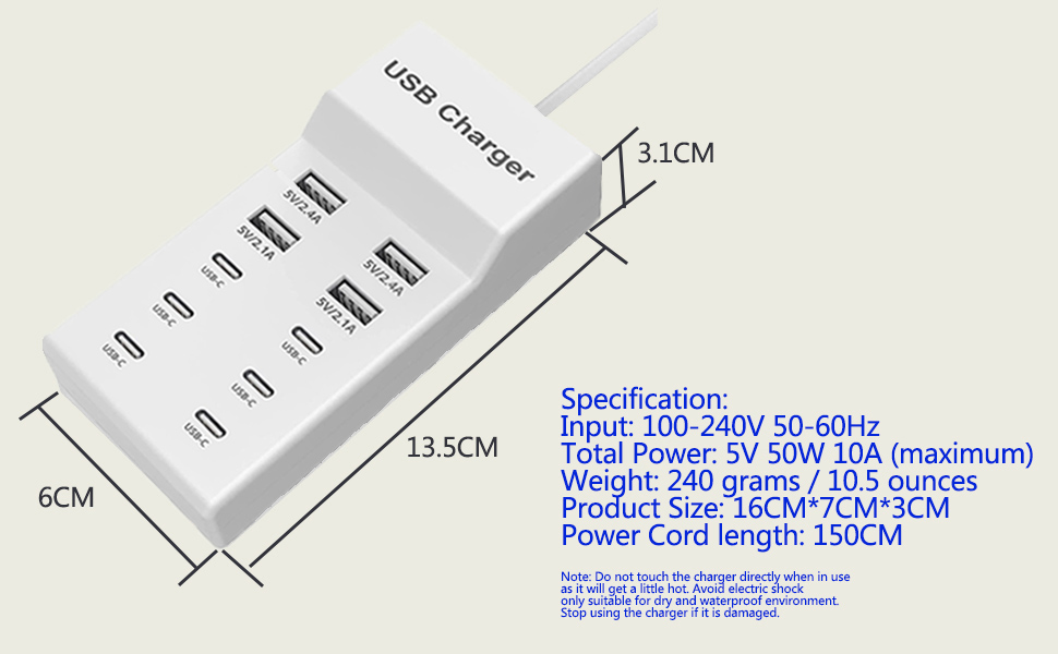 White USB charger with multiple ports. Specifications list 10 USB slots, 5V 50W power output, dimensions of 16x7x3cm, and 150cm cord length.