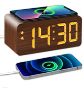 URAYCO Wooden Digital Alarm Clock, 10W Fast Wireless Charger Station &amp; USB Charging Port, with St...
