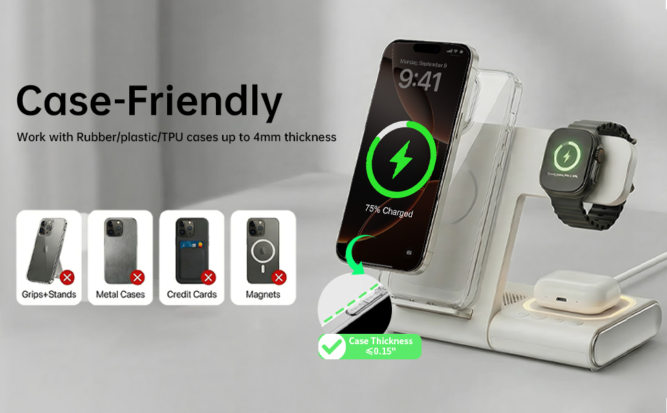 BezosMax wireless charger charging iPhone through a clear case, showing case-friendly design.