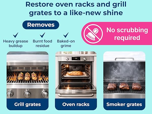 Carbona cleaner for grill grates and oven racks that removes heavy grease and burnt residue