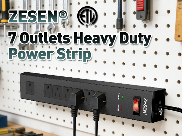 7 Outlet Metal Long Power Strip with Overload Protection &amp;amp; 1500J Surge Protection