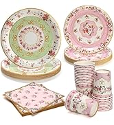 PCLMLES 96pcs Party Plates Disposable Tableware Set Paper Plates Round for 24 Guests Tea Party Ta...
