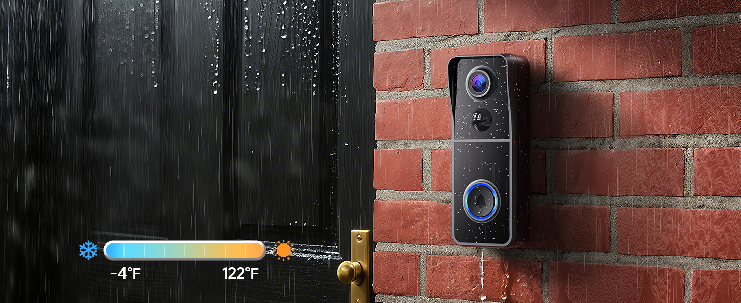 Text reads 'Image 1'. Modern doorbell camera device mounted on red brick wall, featuring two camera lenses with blue illumination rings.