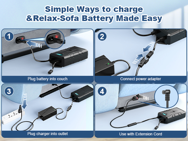 Text reads 'Simple Ways to Charge &amp; Relax-Sofa Battery Made Easy'. Step-by-step instructional images showing battery charging process with numbered steps and connection diagrams.