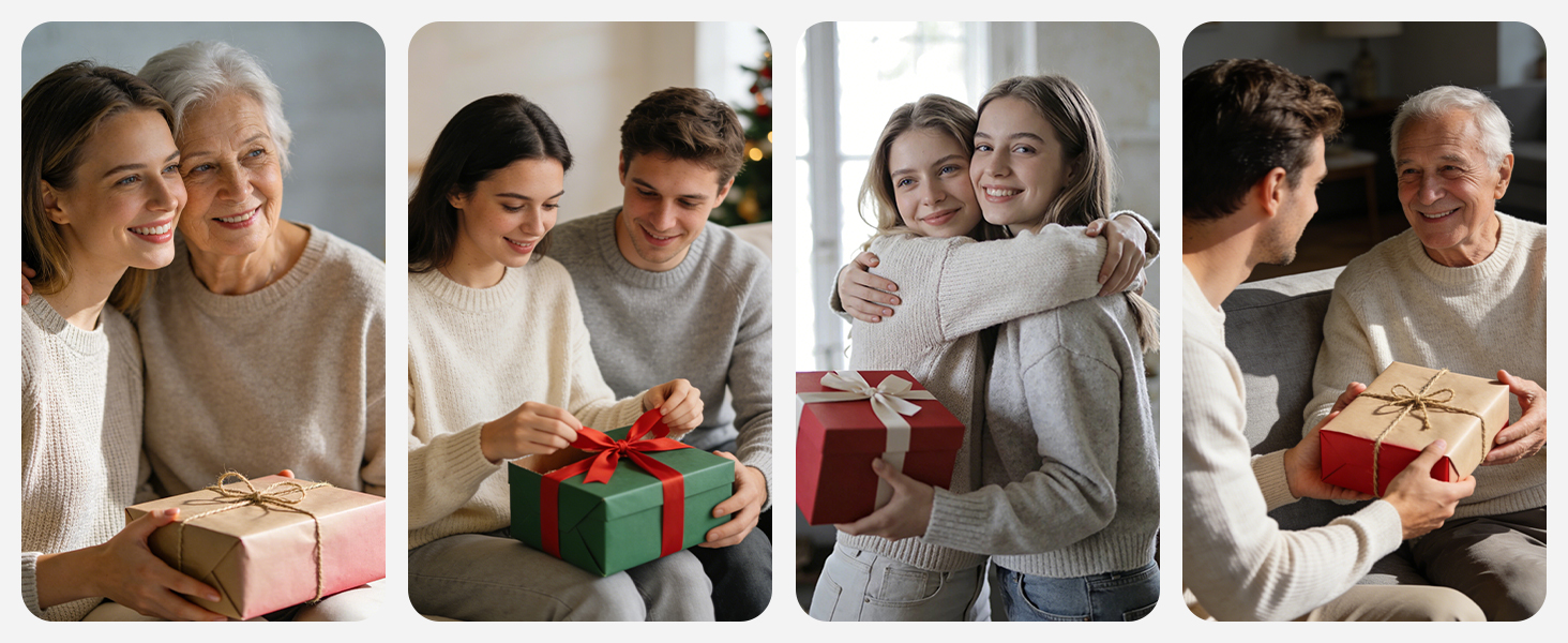 Collage of four images showing various people exchanging wrapped gift boxes in indoor settings.