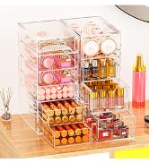 Makeup Organizer with 19 Drawers, 4 Pack Desk Organizers and Accessories, Clear Office Desk Acces...