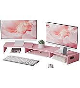 BONTEC Dual Monitor Stand Riser with Smartphone Holder, Adjustable Length & Swivel Angle Wooden D...