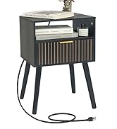 Black Nightstand with Charging Station, Mid Century Modern Bedside Table with Open Shelf and Stor...