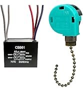 YukiHalu Ceiling Fan Pull Chain Switch 3 Speed 4 Wire, Ceiling Fan Capacitor CBB61 4.5uf + 6uf + ...