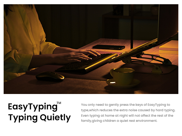 Hands typing on a keyboard in dim lighting with product name 'EasyTyping' shown, advertising quiet typing functionality.