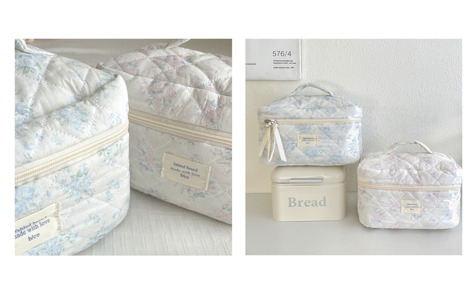 rose quilted makeup bag Large Travel Quilted Makeup Bag for Women, Floral Cotton Cosmetic Bag