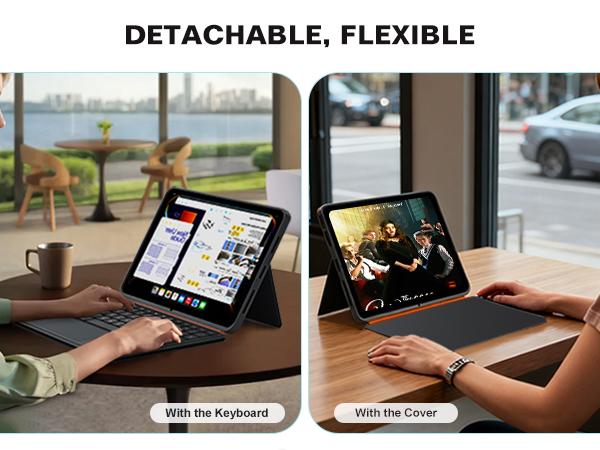 Series of images showing keyboard attachment for tablet device in various positions, demonstrating typing and viewing configurations on desk surfaces.