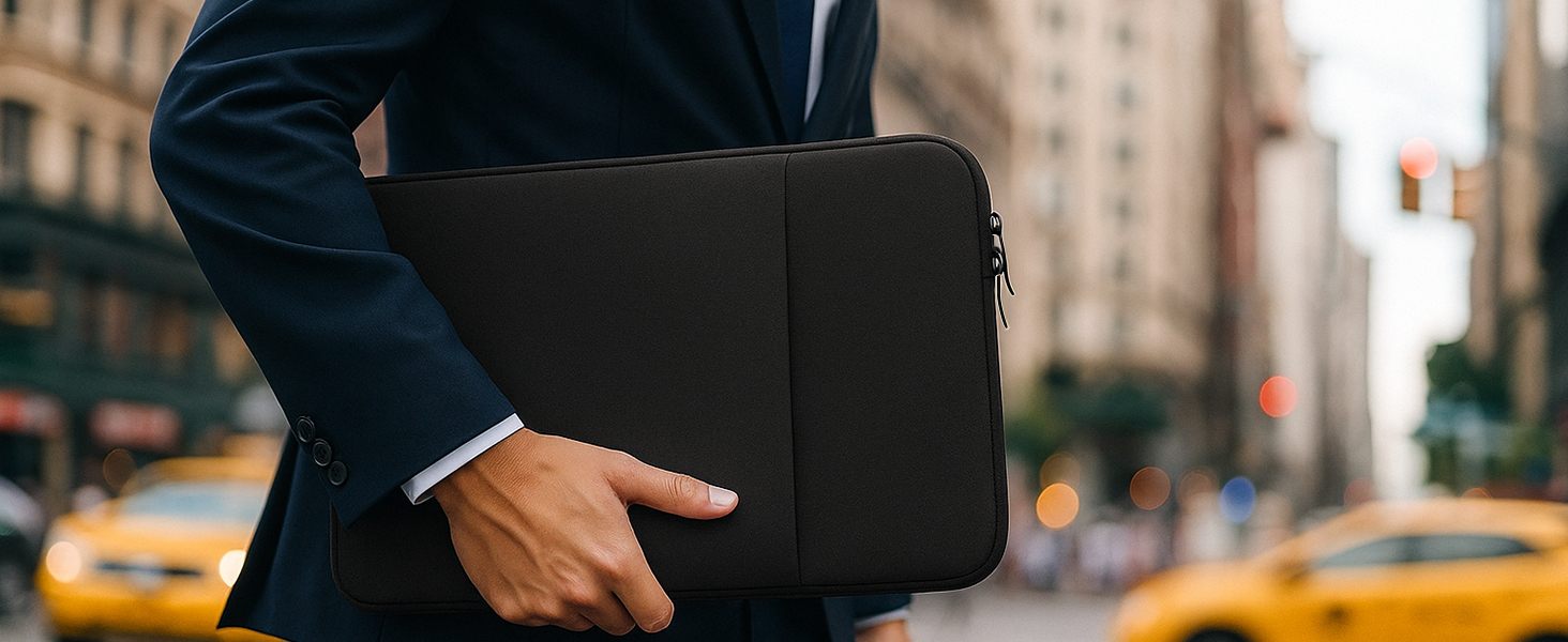 Close-up of hands holding black laptop sleeve or tablet case against urban street background.