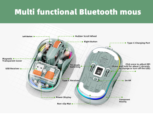 Transparent Bluetooth Mouse with USB &amp; Type-C Two Receiver, Small Portable Silent Wireless Mice