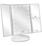 deweisn Floor Mount Tri-Fold Lighted Vanity Mirror with 21 LED Lights, Touch Screen and 3X/2X/1X ...