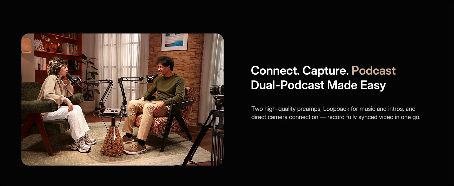 Two creators recording dual person podcast with Maono P2 audio interface