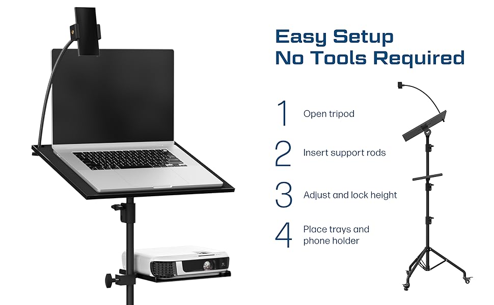 tripod projector laptop stand rolling easy set up no tools adjustable