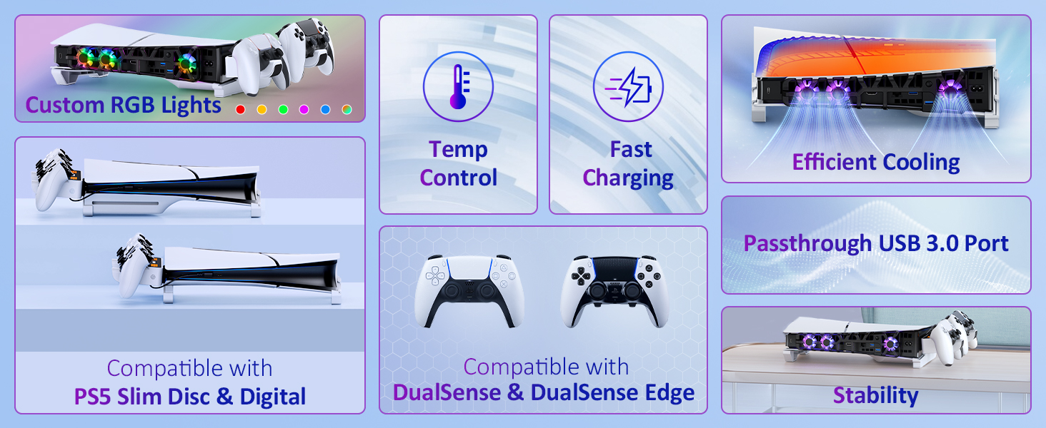 This is a composite image showcasing the selling points of PS5 Slim Stand.