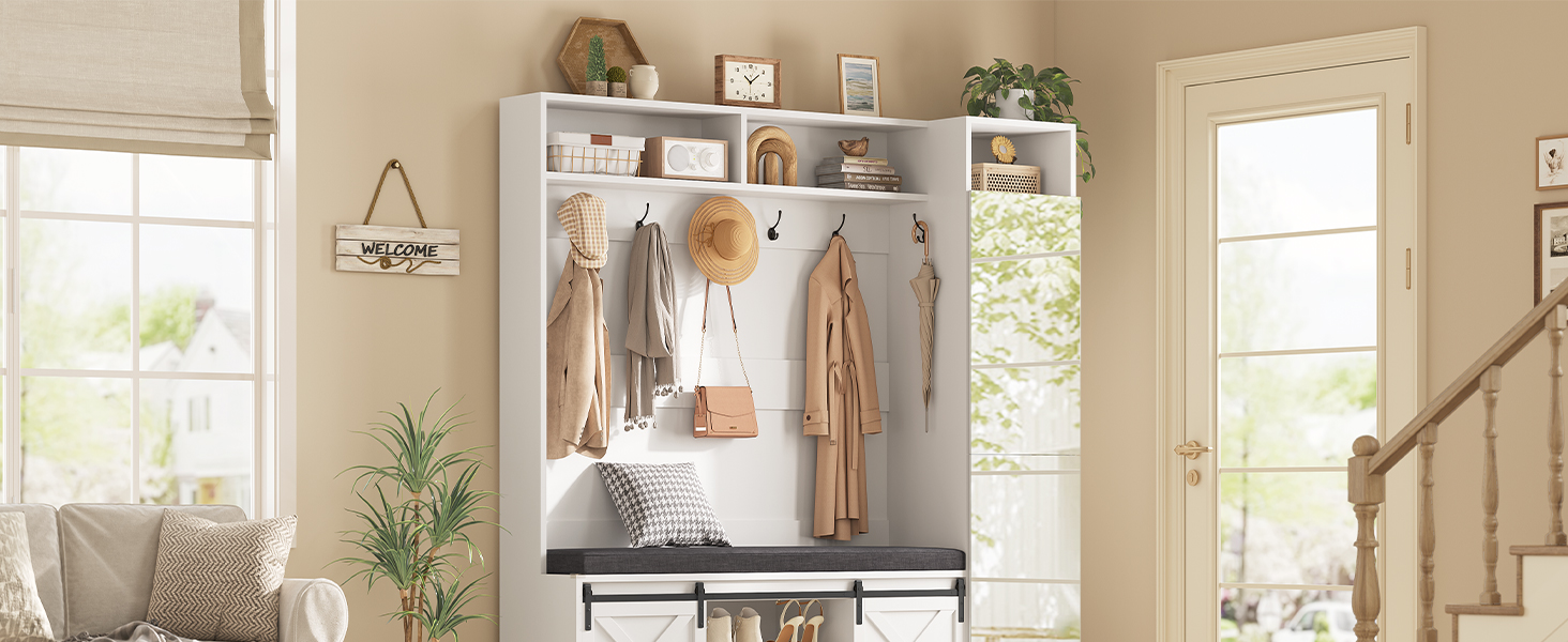 Hall Tree with Bench and Shoe Storage Entryway with Tall Mirror Farm House Barn Door