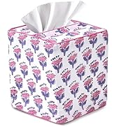CPC Pink Sapphire Hand Block Printed Cotton Tissue Box Cover 5" x 5" x 5.5" Square Soft Reusable ...
