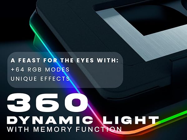 Text reads 'A FEAST FOR THE EYES WITH: +64 RGB MODES', 'UNIQUE EFFECTS', 'DYNAMIC LIGHT', 'WITH MEMORY FUNCTION'. Gaming keyboard with RGB lighting effects.