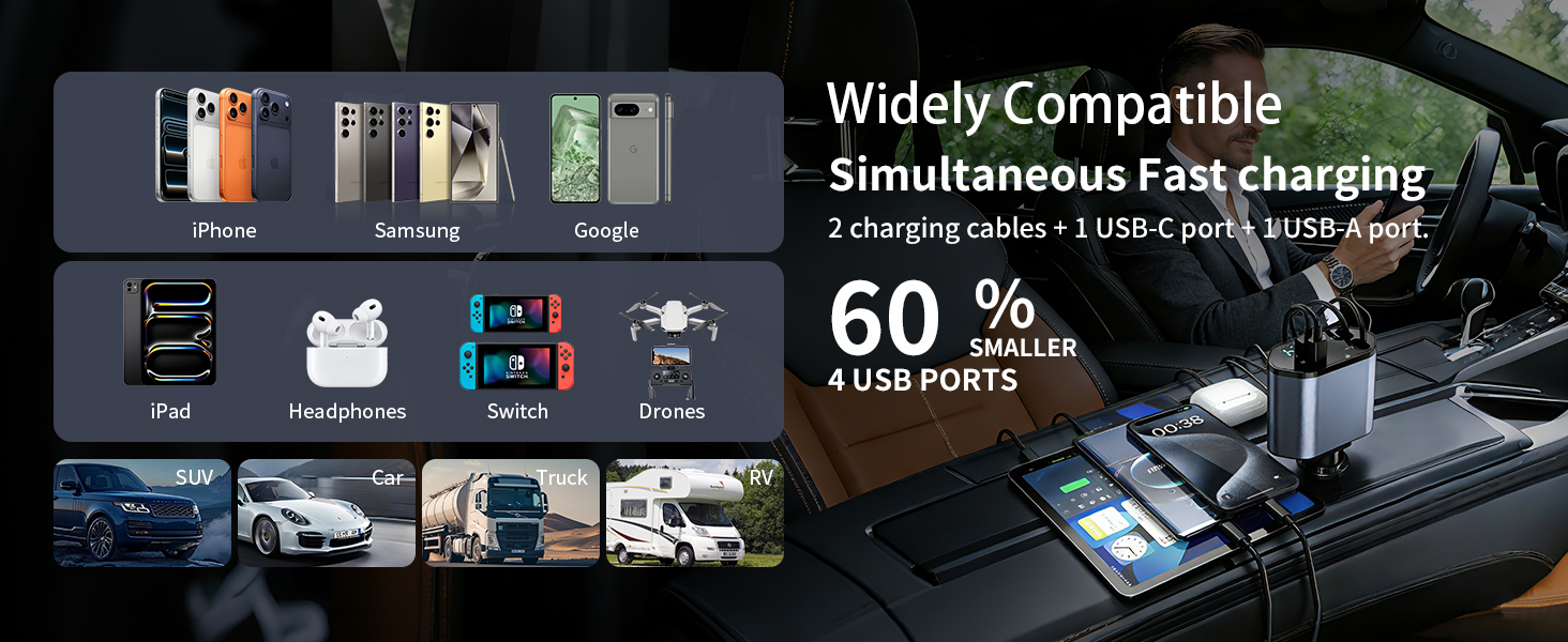 Universal Compatibility: 12V-24V Cars &amp;amp; All Mobile Phones