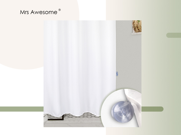 waterproof white fabric shower curtain or liner with suction cups