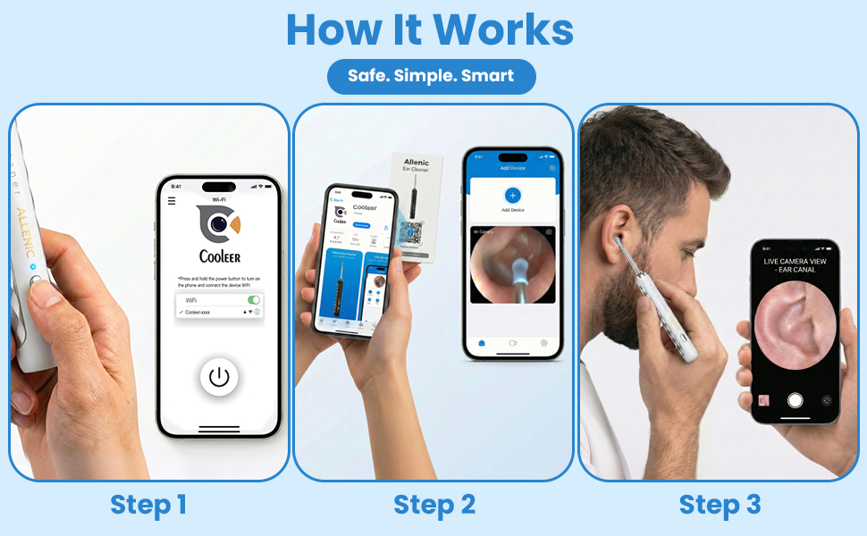 3 step ear wax removal process using 1080P camera otoscope with smartphone app connection