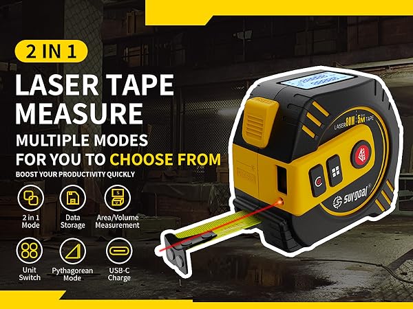 2-in-1 laser tape. Multi-mode, data storage, USB charge, area calculation.