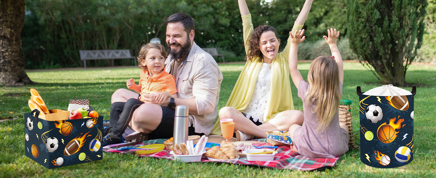 Text reads 'Image 3'. Outdoor picnic scene with people on blanket, decorative sunflower-patterned storage containers visible in foreground.