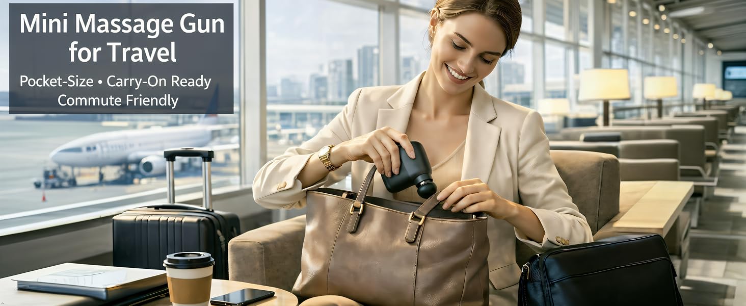 Compact mini massage gun in carry-on bag at airport for on-the-go muscle relief