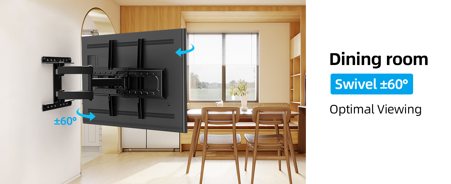 Wall-mounted TV bracket showing 360-degree swivel capability and optimal viewing angle features in a dining room setting with wooden furniture.