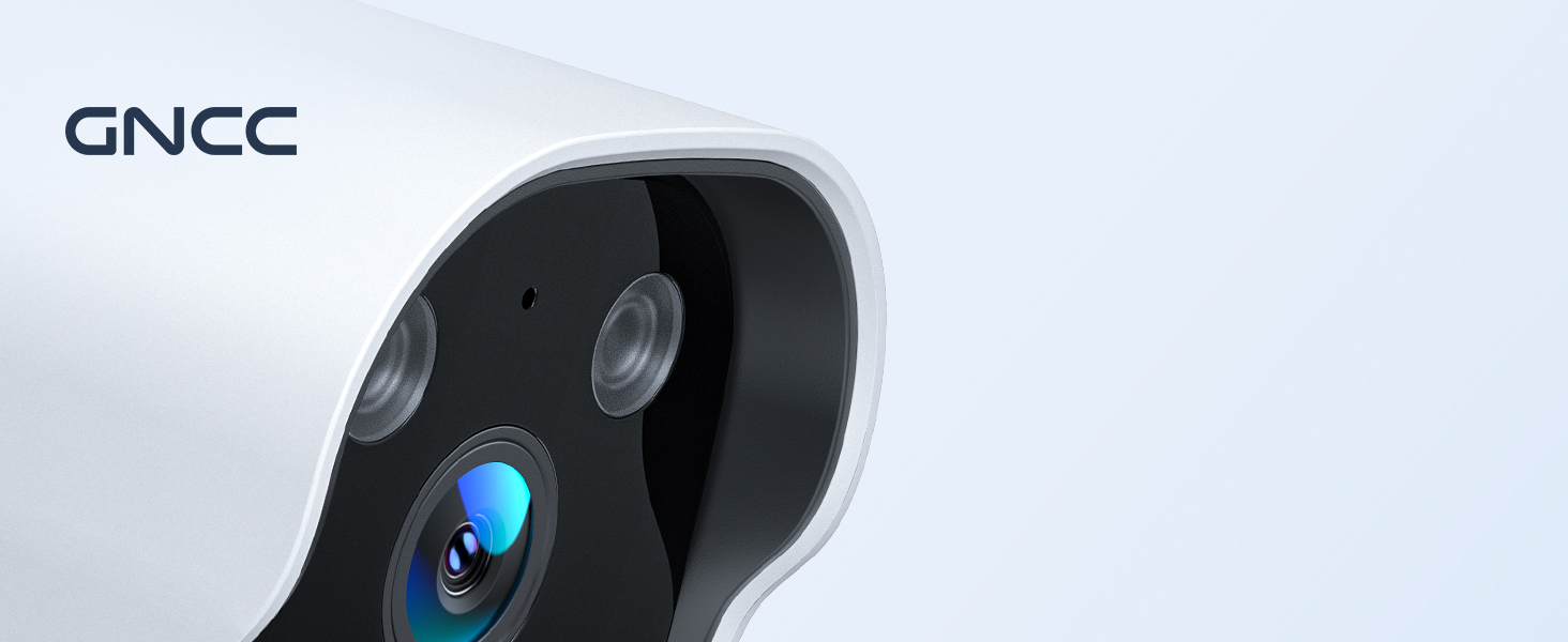 Close-up of a black and white security camera or doorbell device. The brand name 'GNCC' is visible. Two lenses and a blue light are visible on the front.