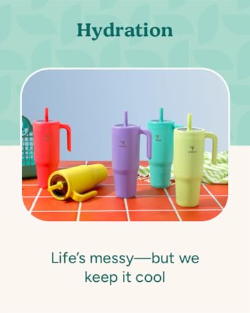 Image of multicolored reduce reusable cups on a table with text reading hydration.