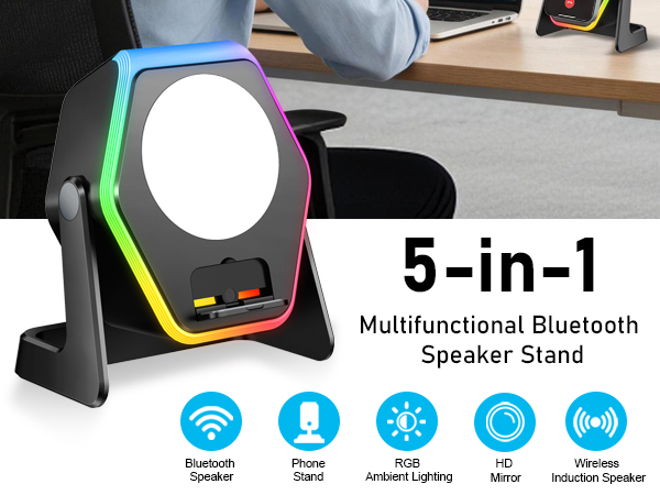 Text reads 'Speaker Stand' and 'Multifunctional Bluetooth'. Product feature icons showing wireless, digital signal, ambient lighting, mirror, and speaker functions.