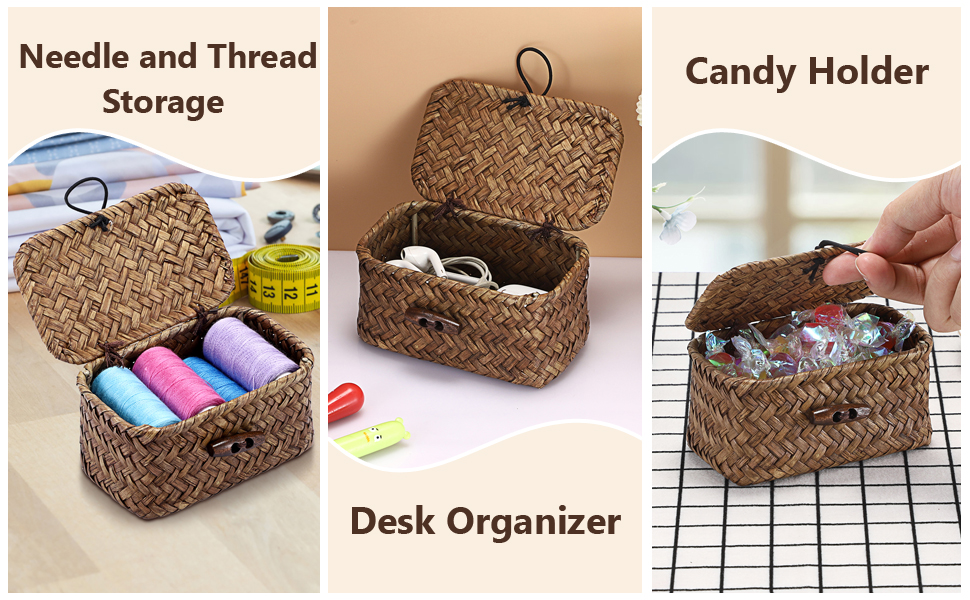 Wicker Baskets Bins with Lid Seagrass Baskets Storage Bins Handwoven storage Basket Organizer