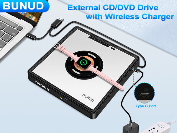 BUNUD external cd dvd drive laptop 3 in 1 wireless charger plug and play