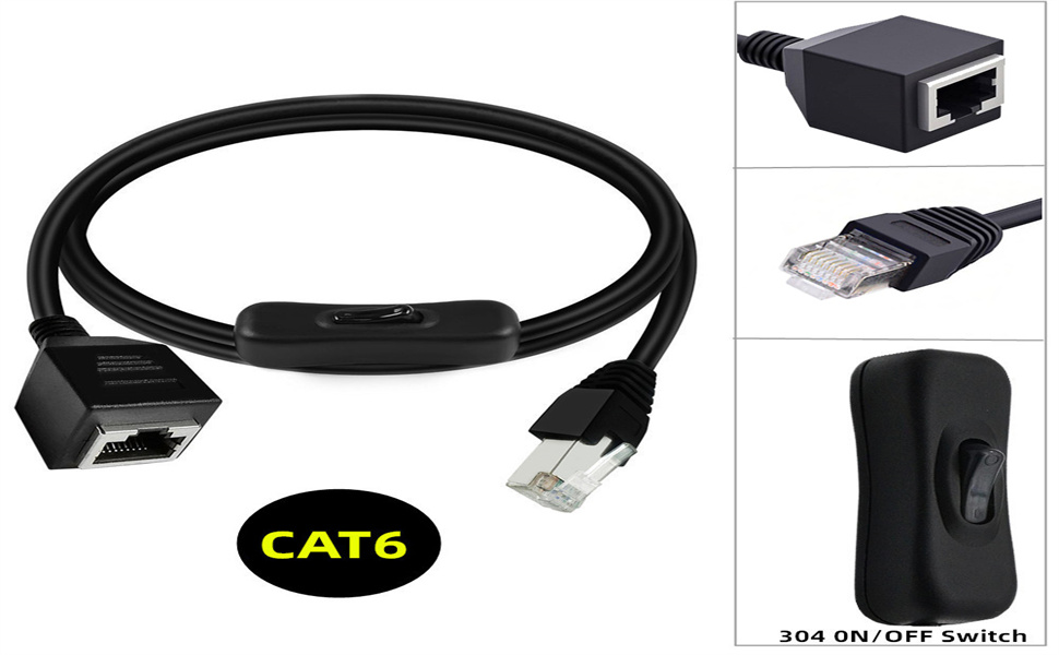 Text reads 'CAT6'. Collection of computer network cables and connectors, including Ethernet cables, switches, and various network connection ports in black.