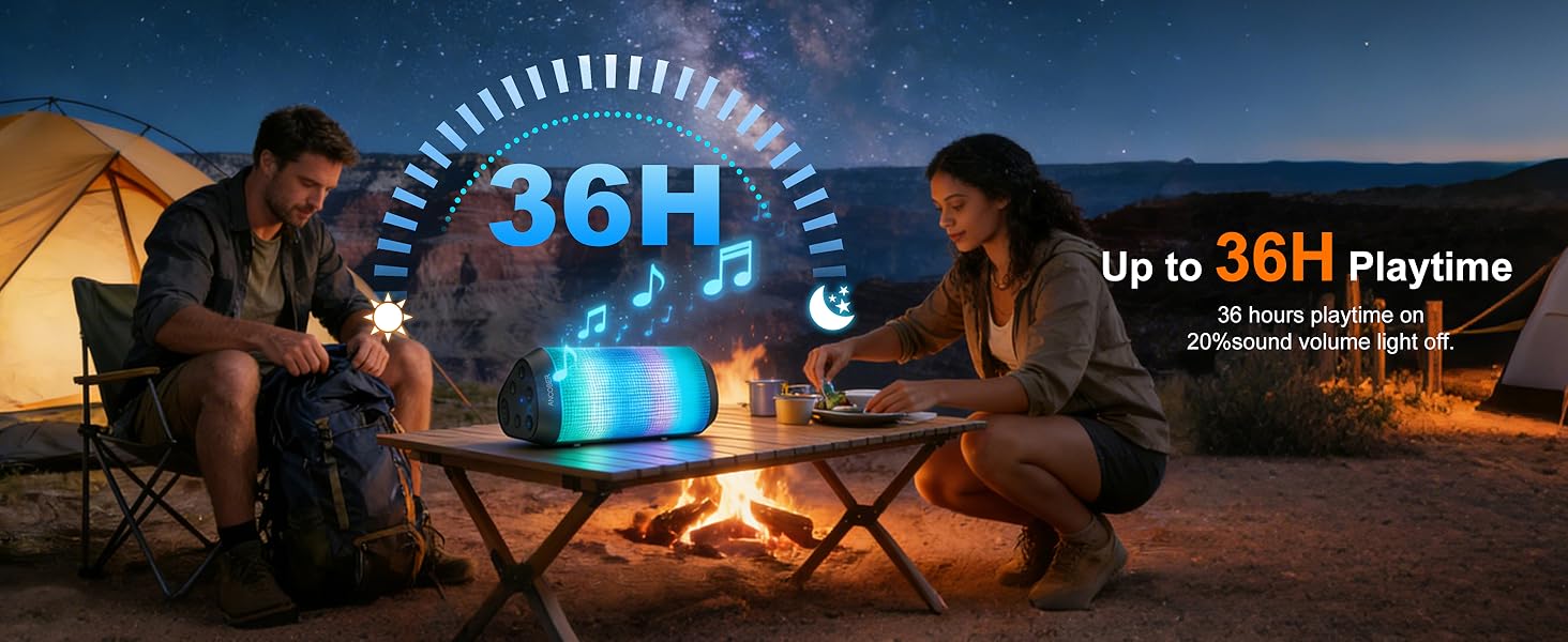 Up to 36 hours battery life palytime, over than 24 hours on 20% volume light off of this speaker