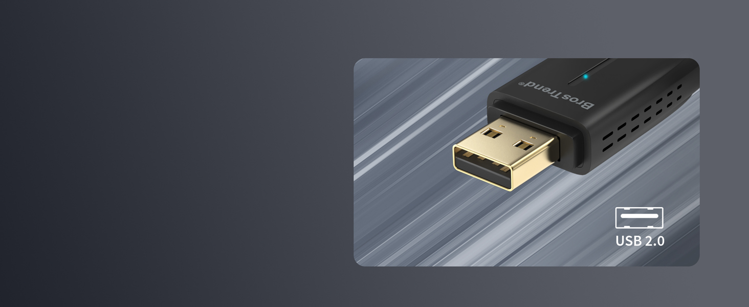Closeup of BrosTrend USB WiFi Adapter Showing Gold USB 2.0 Port Also Works with USB 3.0