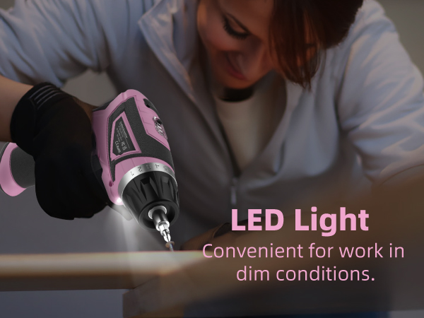 Close-up of a person using a pink and black cordless drill with LED light. Text highlights 'LED Light' feature for working in dim conditions.