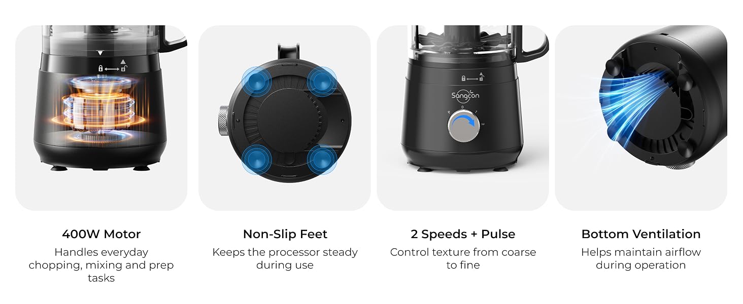 Four views show the 400-watt motor, non-slip feet, two speeds with pulse and bottom vents