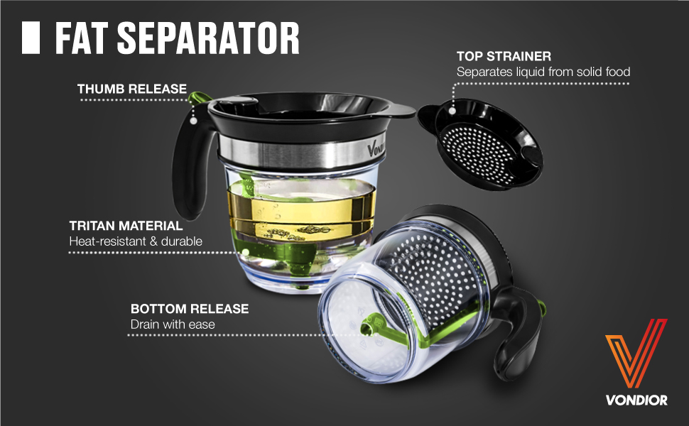 Fat Separator has a top strainer, thumb release, and bottom release made of Tritan material.