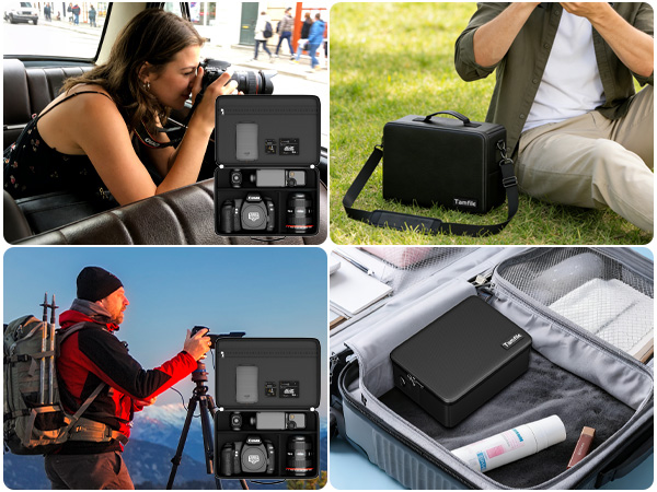 Collage of four photos showing portable camera gear case in use - being carried on shoulder, placed on grass, used in outdoor mountain setting, and open case displaying organized equipment storage.