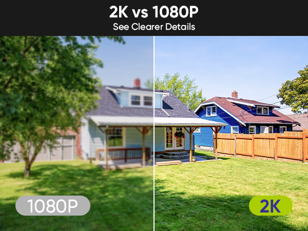Text reads '2K vs 1080P' and '1080P', '2K'. Comparison of video quality showing outdoor house scenes at different resolutions.