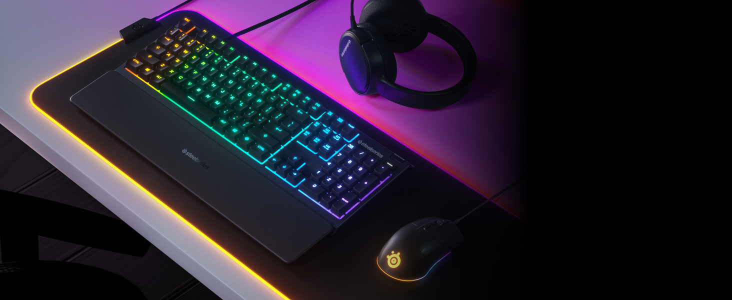 - Apex 3 RGB keyboard with wrist rest