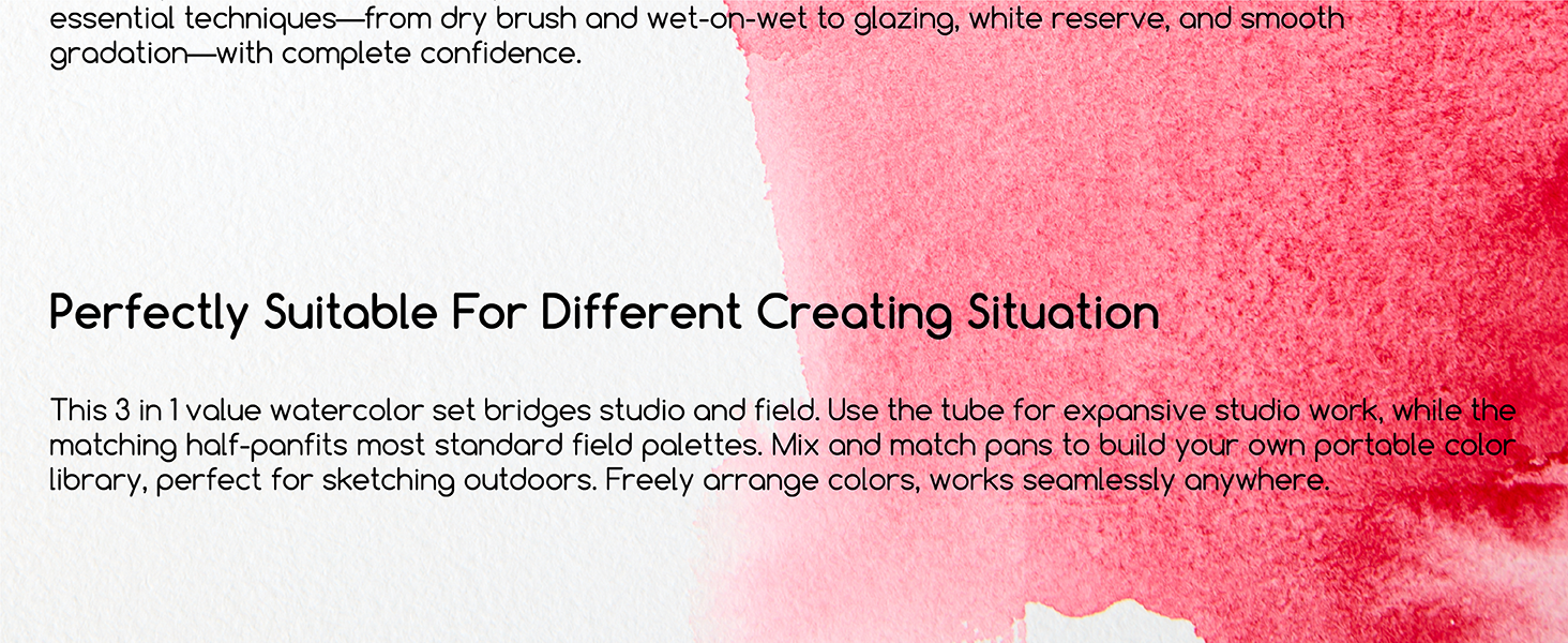 3-in-1 set: tube for studio, matching pan for plein-air; swap, mix, build your own travel palette.