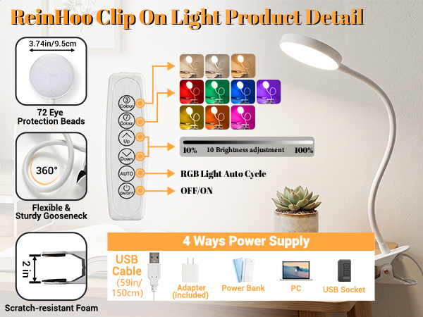 Clip on Lamp,10 RGB Colors+10 Brightness Clamp Light
