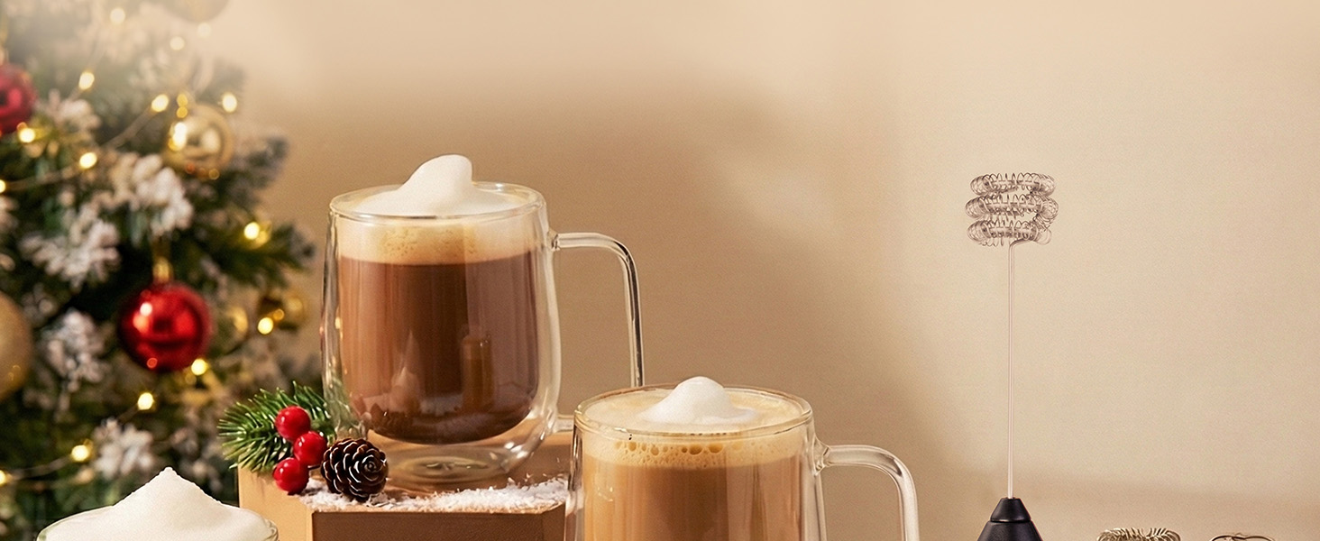 USB-C rechargeable milk frother — perfect December coffee gift for festive lattes and hot drinks.