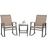 Shintenchi 3 Piece Rocking Bistro Set, Outdoor Furniture with Rocker Chairs and Glass Coffee Tabl...